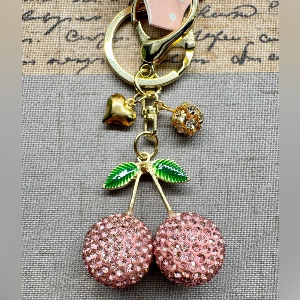 New Pink Austrian Crystal Cherry Gold Tone Purse Charm Keychain w/ Heart - 4”